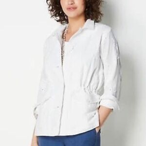 J. Jill white linen and cotton blend embroidered long sleeve jacket